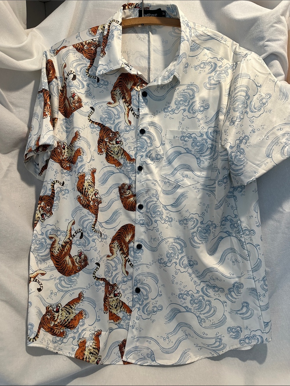 Casual White Button-Down Shirt with 1/2 Tiger & 1/2 Wave Print!!